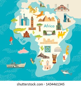 Africa Continent, World Map With Landmarks Vector Cartoon Illustration. Abstract African Landmarks, Animals, Sign And Icon Cartoon Style.  Poster, Art, Travel Card 