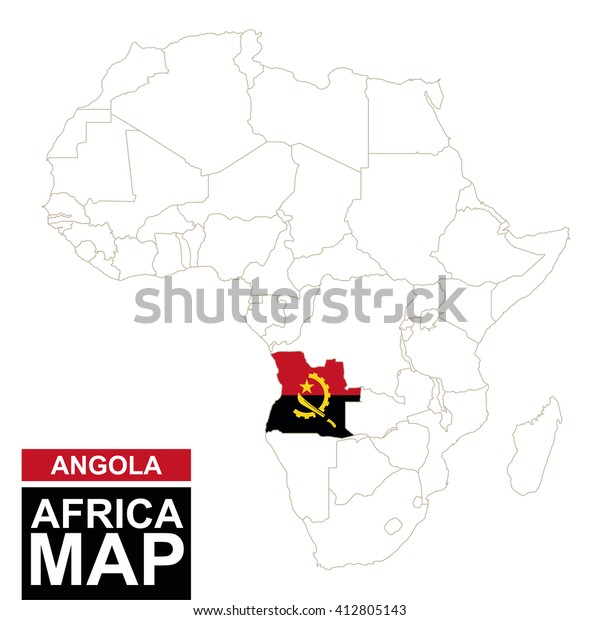 Africa contoured map\
with highlighted Angola. Angola map and flag on Africa map. Vector\
Illustration.a