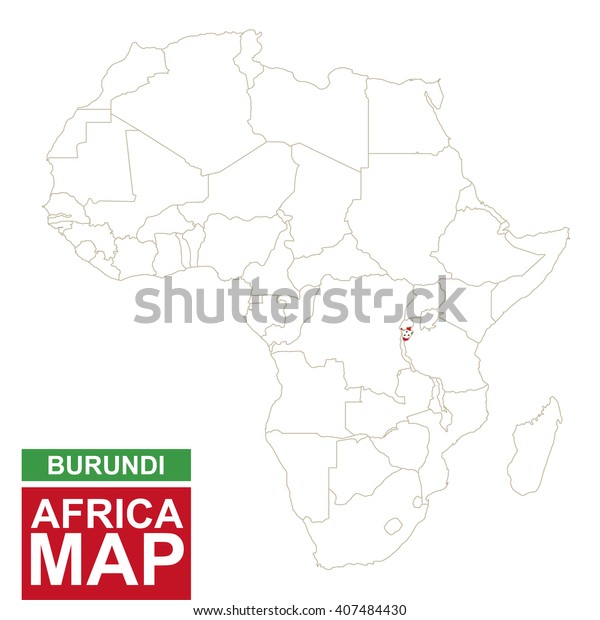 Africa contoured map\
with highlighted Burundi. Burundi map and flag on Africa map.\
Vector Illustration.