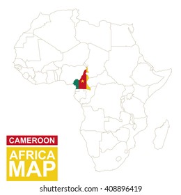 Africa contoured map with highlighted Cameroon. Cameroon map and flag on Africa map. Vector Illustration.