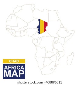 Africa contoured map with highlighted Chad. Chad map and flag on Africa map. Vector Illustration.