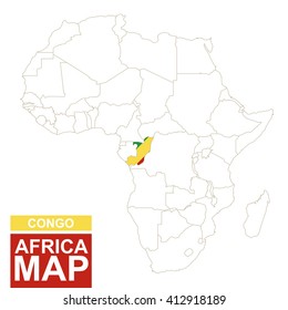 Africa contoured map with highlighted Congo. Congo map and flag on Africa map. Vector Illustration.