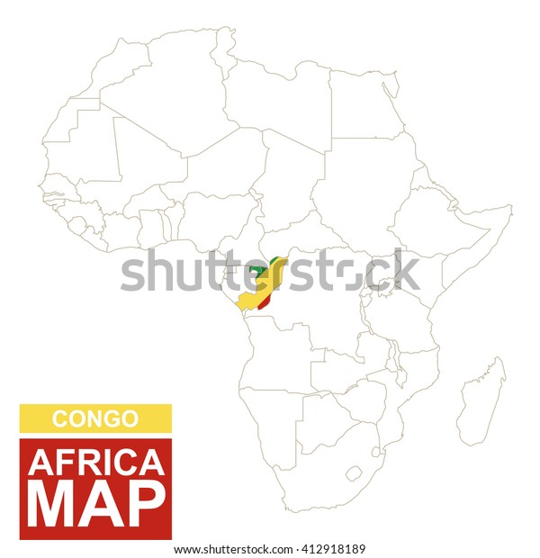 Africa contoured map with\
highlighted Congo. Congo map and flag on Africa map. Vector\
Illustration.