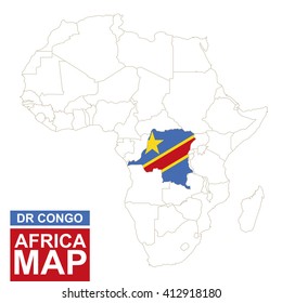 Africa contoured map with highlighted Democratic Republic of the Congo. DR Congo map and flag on Africa map. Vector Illustration.