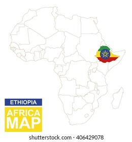 Africa contoured map with highlighted Ethiopia. Ethiopia map and flag on Africa map. Vector Illustration.
