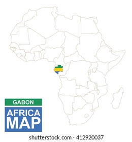 Africa contoured map with highlighted Gabon. Gabon map and flag on Africa map. Vector Illustration.