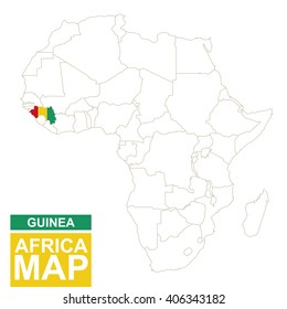 Africa contoured map with highlighted Guinea. Guinea map and flag on Africa map. Vector Illustration.