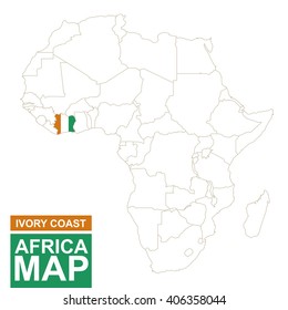 Africa contoured map with highlighted Ivory Coast. Ivory Coast map and flag on Africa map. Vector Illustration.