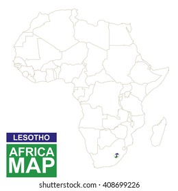 Africa contoured map with highlighted Lesotho. Lesotho map and flag on Africa map. Vector Illustration.