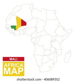 Africa contoured map with highlighted Mali. Mali map and flag on Africa map. Vector Illustration.