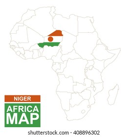 Africa contoured map with highlighted Niger. Niger map and flag on Africa map. Vector Illustration.