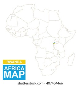 Africa contoured map with highlighted Rwanda. Rwanda map and flag on Africa map. Vector Illustration.