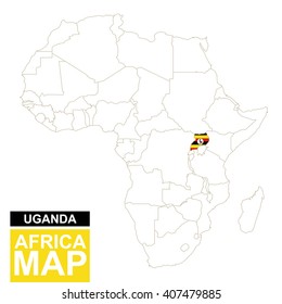 Africa contoured map with highlighted Uganda. Uganda map and flag on Africa map. Vector Illustration.