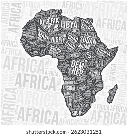 Africa countries map word cloud. Africa region names. Black and white map design. Amazing vector illustration.