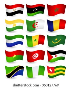 Africa country flying flags set part 1.All elements are separated in editable layers clearly labeled.