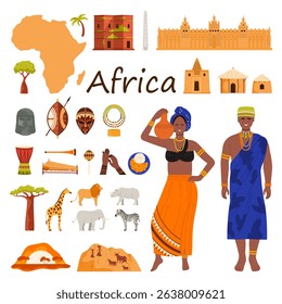 Africa culture, traditions, and iconic elements. Features African map, landmarks, traditional attire, wildlife, masks, instruments and natural landscapes vector illustration.