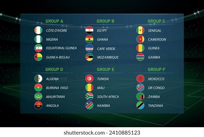 Africa cup 2023 groups. Soccer tournament broadcast graphic template. All flags 