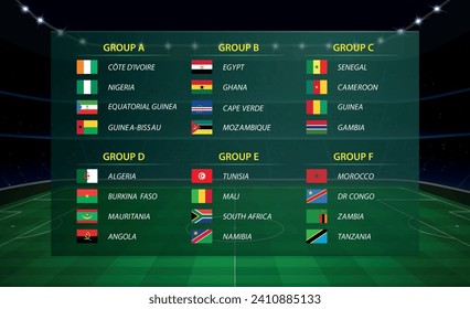 Africa cup 2023 groups. Soccer tournament broadcast graphic template. All flags 