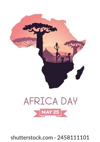 Africa Day Background Concept with African tribal women. Landscape in the shape of a continent