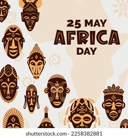 Africa Day concept with Africa silhouette and ethnic tribal ritual masks. Ethnic and Tribal Motifs. Hand drawn. For poster, card, banner, print, flyer. Vector illustration