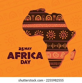 Concepto del Día de África con silueta africana y adorno africano estilizado. Motivos étnicos y tribales. Dibujado a mano. Bandas horizontales. Para afiche, tarjeta, pancarta, impresión, volante. Ilustración del vector