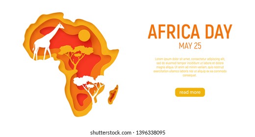 Dia da África. Mapa decorativo de corte de papel 3d do continente africano com silhuetas de animais selvagens. Design ecológico de corte de papel 3d. Ilustração vetorial