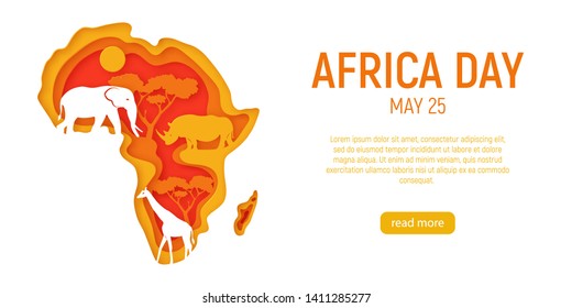 Africa day. Decorative 3d paper cut map of Africa continent with wild animals silhouettes. 3d paper cut eco friendly design. Vector illustration