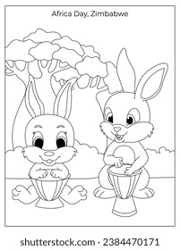 Africa Day Holiday Celebration in Zimbabwe with cute rabbits coloring page for kids