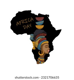 Africa day illustration. Silhouette of African continent girl with baskets on her head and inscription Africa day. Isolate on a white background. Vector illustration in flat style.