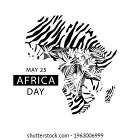 Africa day, may 25, concept isolated on white background. Black and white style. For banner, greeting card, poster with text inscription. Vector illustration.