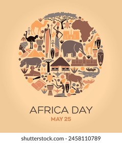 Afrikatag am 25. Mai Illustration mit Symbolen afrikanischer Kultur und Natur für Web Banner oder Landing Page Vorlagen