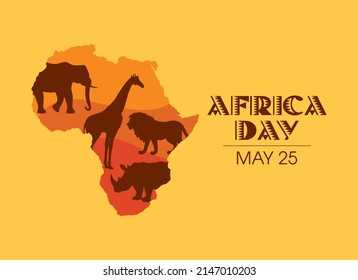 Africa Day Poster with african continent and animals vector. Animals of africa silhouette vector. African Liberation Day, May 25. Important day