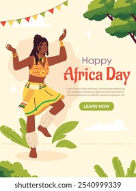 Afiche del día de África. Mujer baila con ropa tradicional africana. Cultura y etnicidad, historia. Tanzania y Madagascar. Diseño de página web de aterrizaje. Ilustración vectorial plana