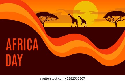 Africa day. Silhouette of giraffe and trees in savannah. Vector Africa day card. Poster in orange color.