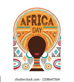 Africa day, Vector illustration with African woman, tribe ornaments and patterns.