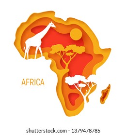 Africa. Decorative 3d paper cut map of Africa continent with wild animals silhouettes. 3d paper cut eco friendly design. Vector illustration