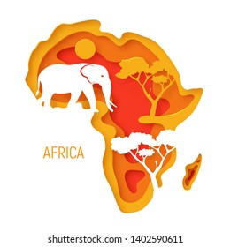 Africa. Decorative 3d paper cut map of Africa continent with elephant’s silhouette. 3d paper cut eco friendly design. Vector illustration