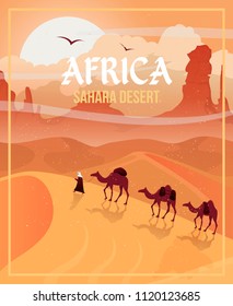  Africa. Desert landscape with camel caravan. Sahara illustration. The Eastern Desert card. Desert safari in Africa.