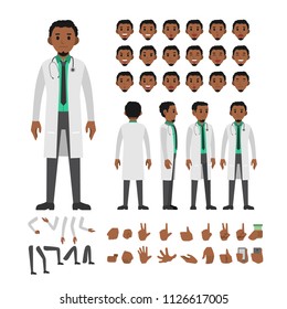 africa doctor man character set. Full length. Different view, emotion, gesture.
