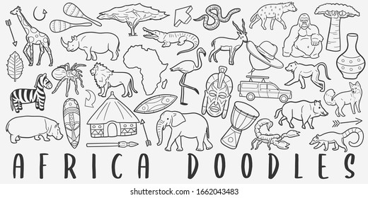 Africa Doodle Line Art Illustration. Hand Drawn Vector Clip Art. Banner Set Logos.