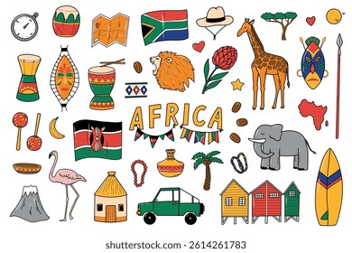 Africa doodles, cartoon elements collection for nursery decor, preschool activities, stickers, prints, cards, stationery, scrapbooking, etc. EPS 10