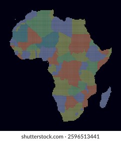 Africa dotted map. Digital style map of the continent on dark background. Africa shape with square dots. Colored dots style. Small size squares. Creative vector illustration.