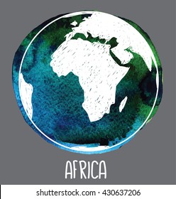 
Africa. Earth and continents . Vector drawing on watercolor background staining.