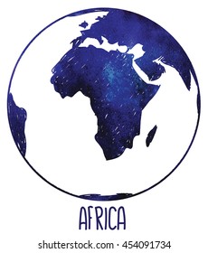 Africa. Earth and continents . Vector drawing on watercolor background staining.