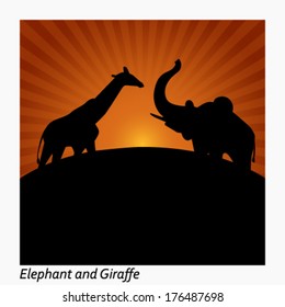 Africa elephant and giraffe (black silhouettes) on colorful sun background