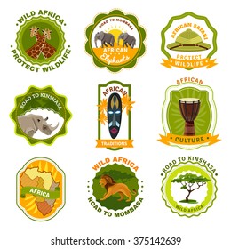 Africa emblems set with travel and traditions symbols cartoon isolated vector illustration 