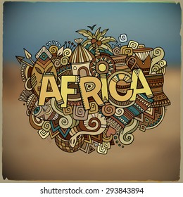 Africa ethnic hand lettering and doodles elements and symbols background. Vector blurred landscape illustration