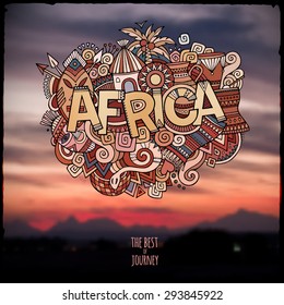 Africa ethnic hand lettering and doodles elements and symbols background. Vector  blurred landscape illustration