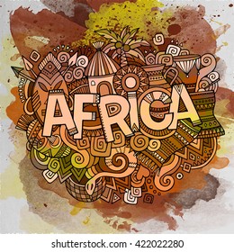 Africa ethnic hand lettering and doodles elements and symbols background. Vector hand drawn watercolor illustration