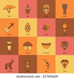 Africa ethnic tribe culture travel icons line flat isolated vector illustration